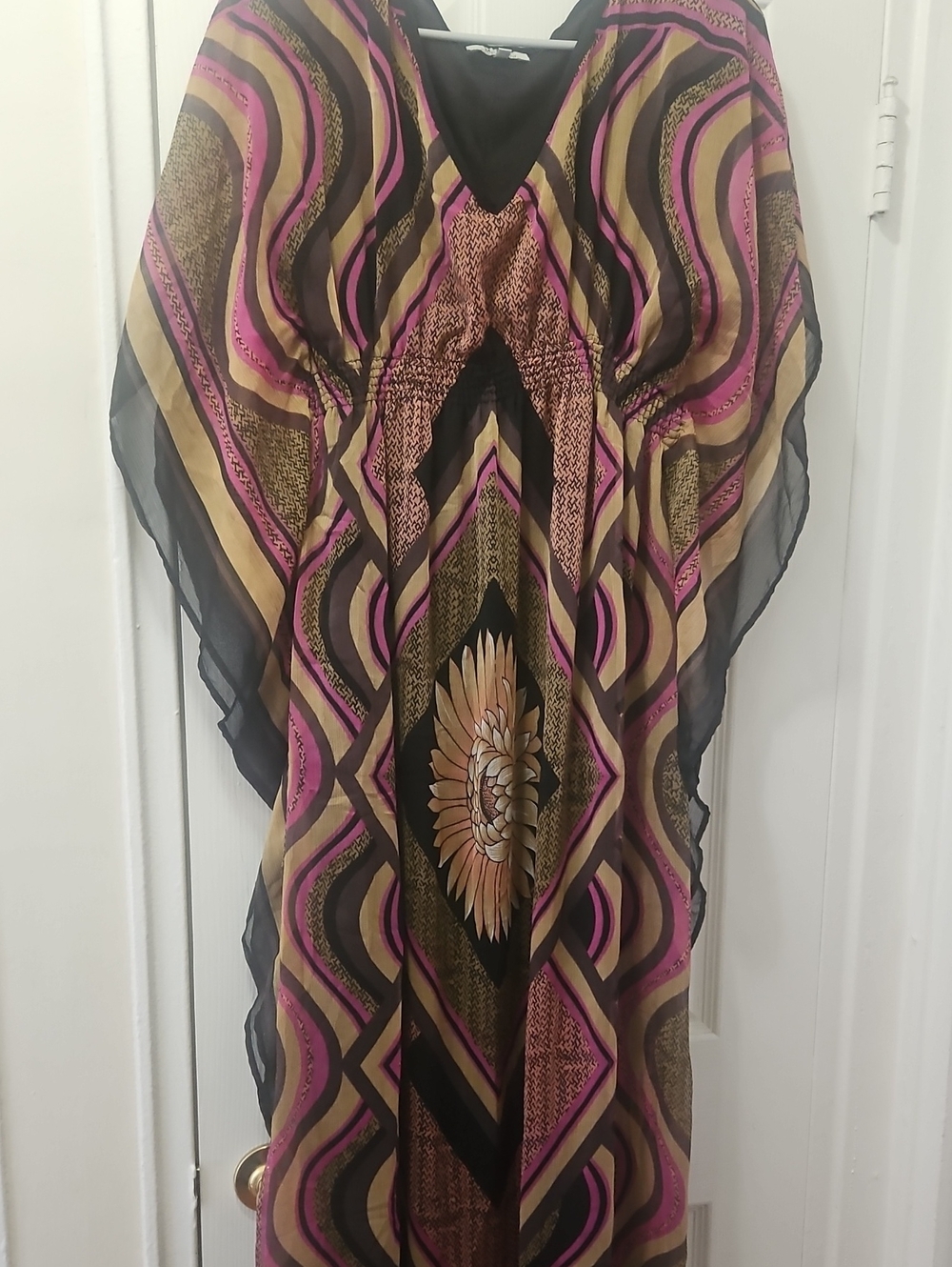 Boho Floral & Geometric Maxi Caftan in Black, Pink, and Tan